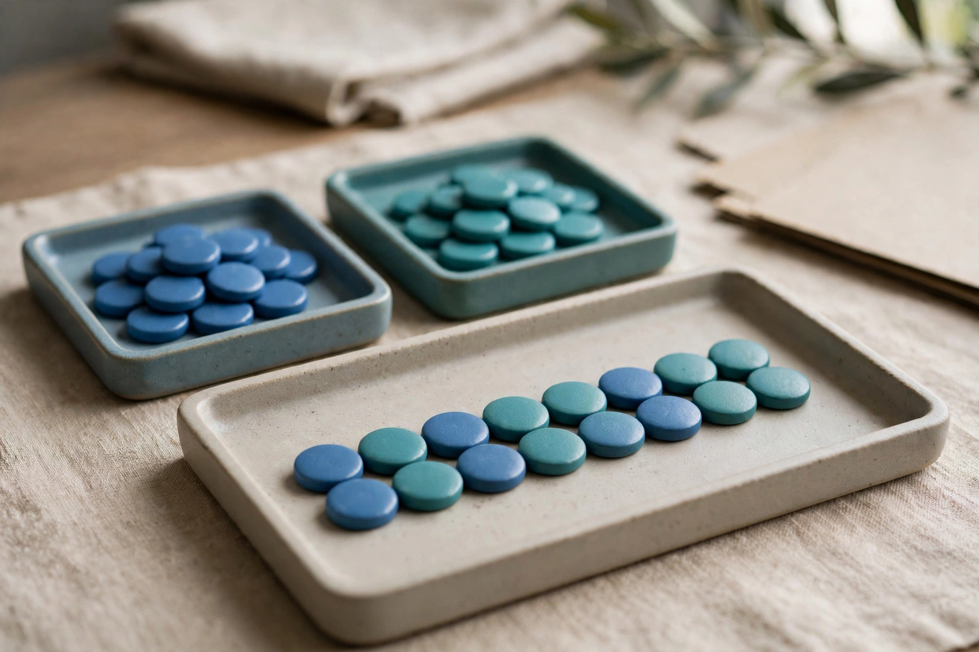 Two small trays of blue and teal tokens are combined into a single tray, representing data consolidation.