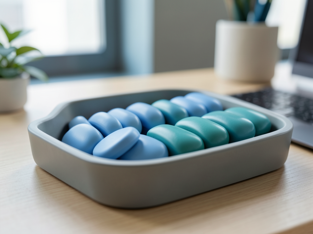 Two streams of blue and teal ceramic tokens converge into one neat ordered row inside a central shallow sorting tray on a desk.