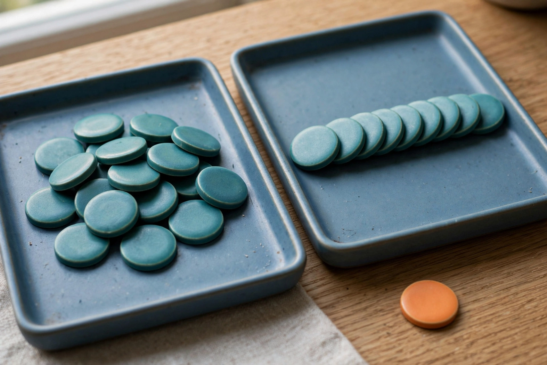 Two blue trays sit on a wooden surface, one with a pile of teal tokens and the other with a neat row of teal tokens, and an orange token sits separately.