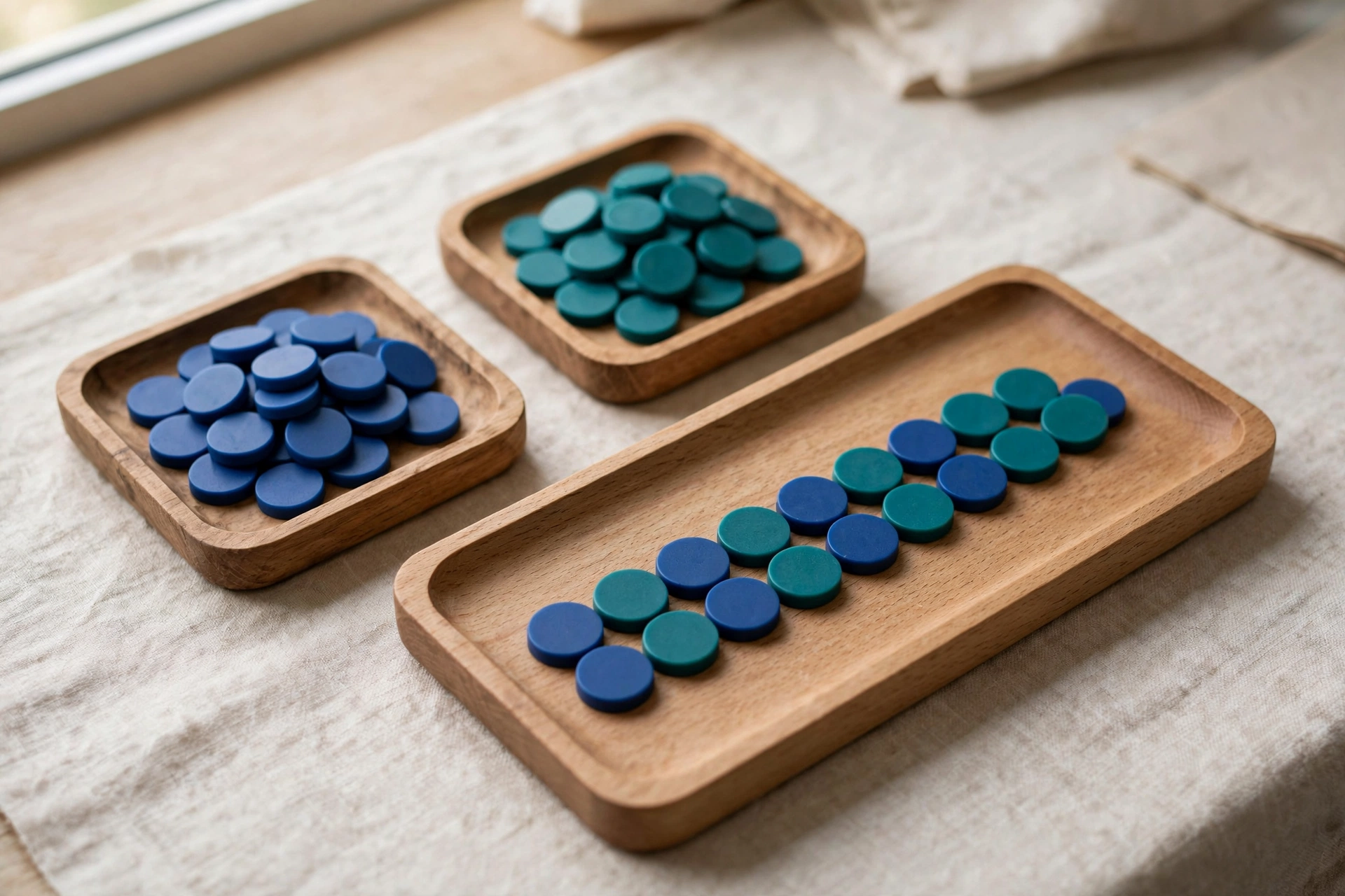 Two small wooden trays hold separate piles of blue and teal tokens, while a larger tray displays a neat sequence of both colors combined.