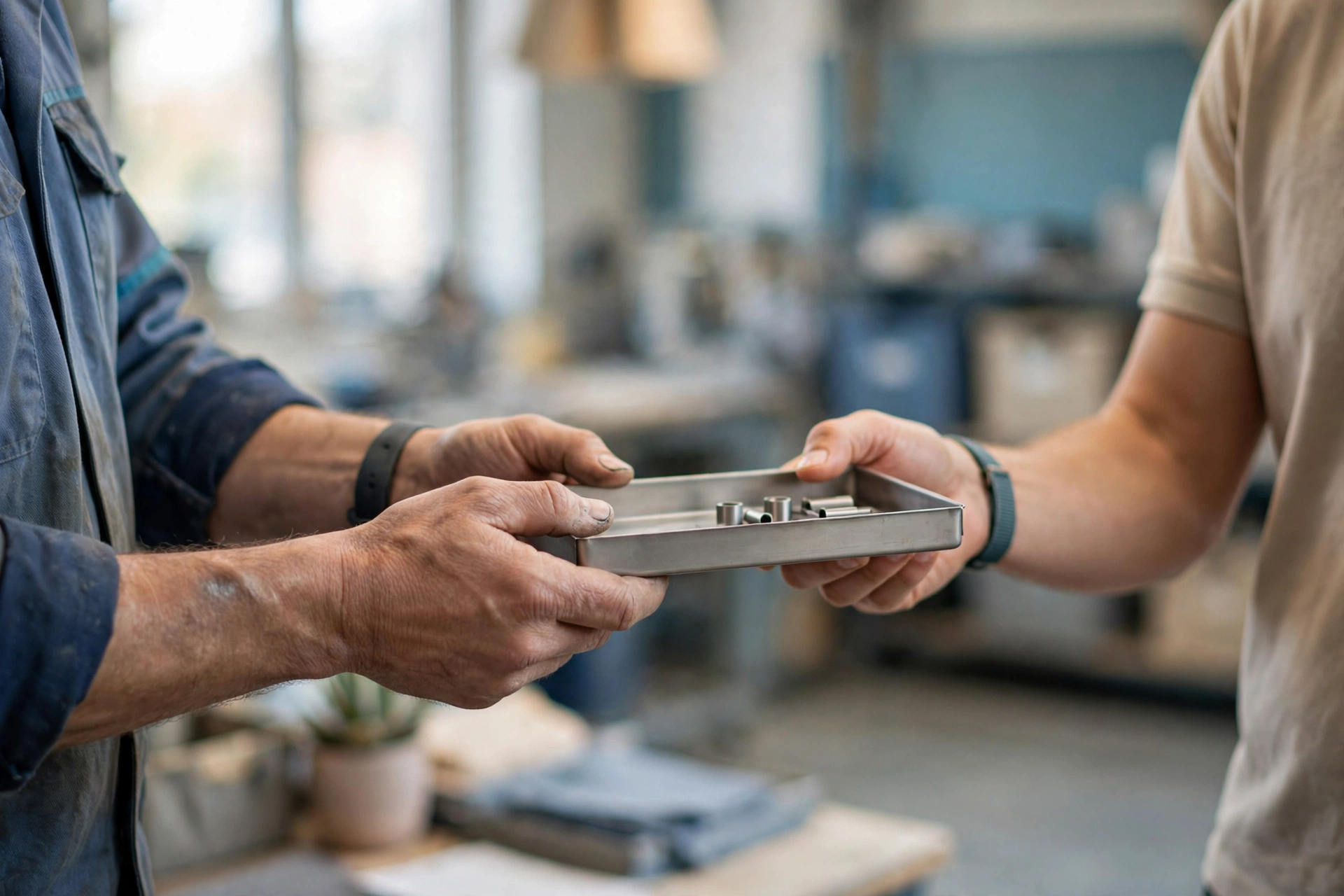 A manufacturing colleague in blue overalls hands a metal tray with small parts to a teammate in a tan shirt in a workshop.