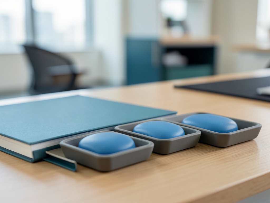 Blue tokens in gray trays are arranged in stages next to a blue book on a wooden desk in a blurred office setting.