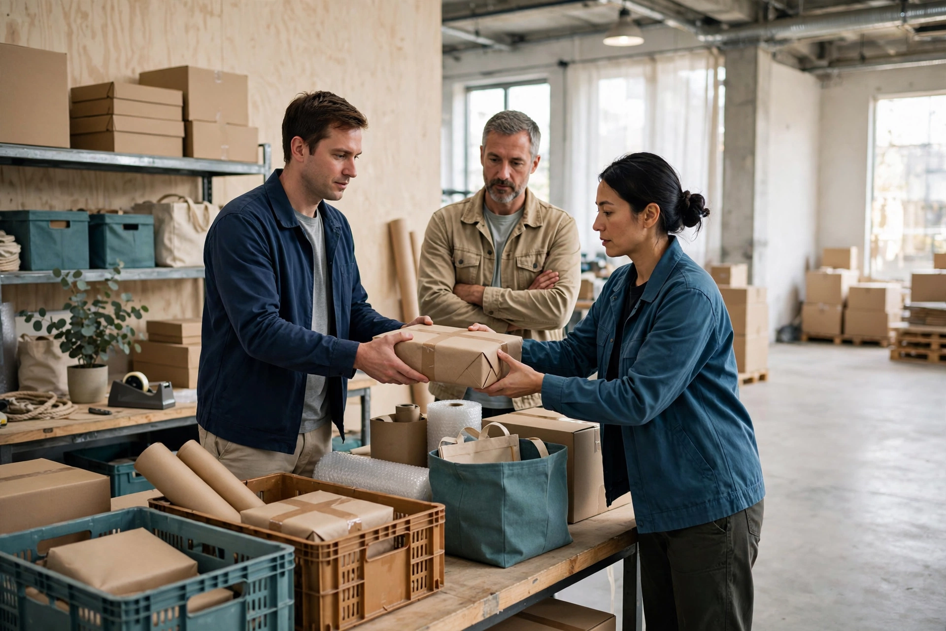 A man hands a package to a woman while another man watches in a warehouse.