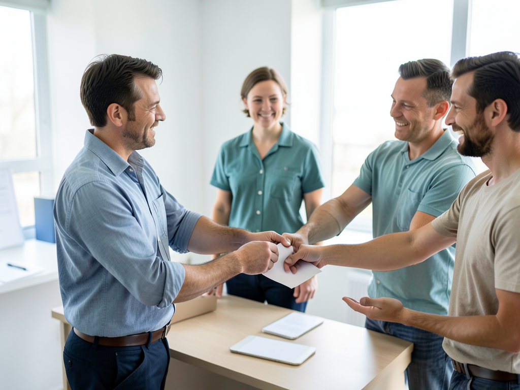 Four smiling people in a bright room are coordinating a customer handoff with plain sample materials.