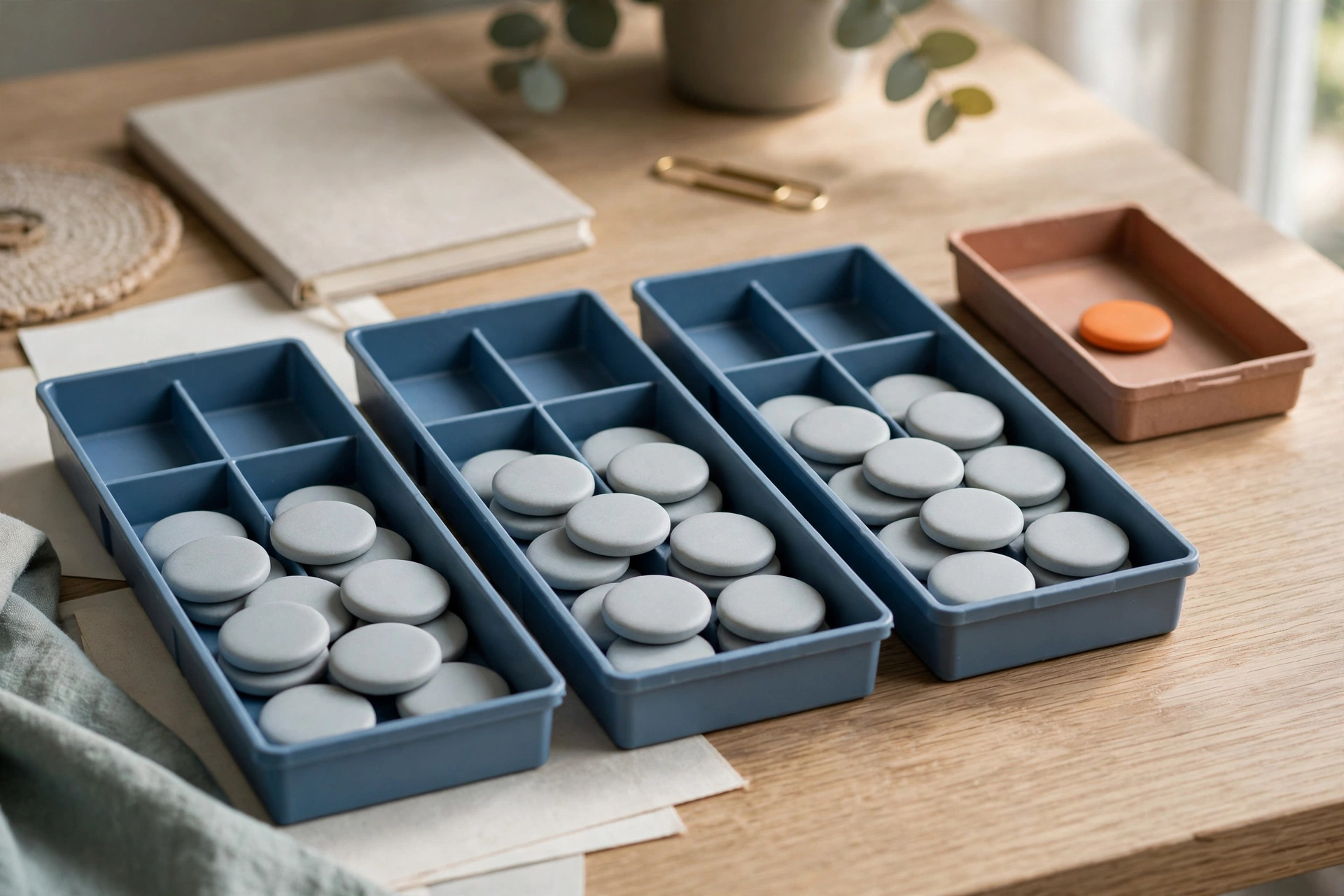 Three blue sorting trays filled with gray tokens sit next to a brown tray containing a single orange token on a wooden desk.