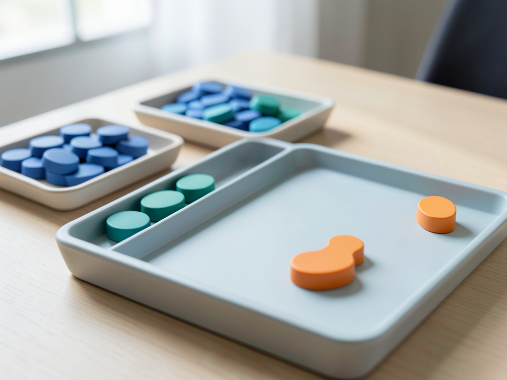 Two trays of blue and teal tokens feed into a single larger organized tray with an orange exception token.
