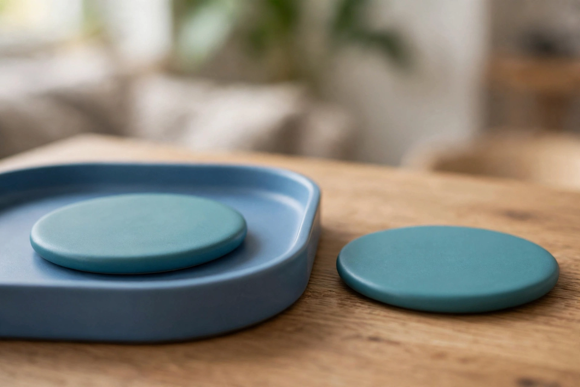 Two identical teal discs are shown, one resting in a blue tray and the other placed separately on a wooden surface.