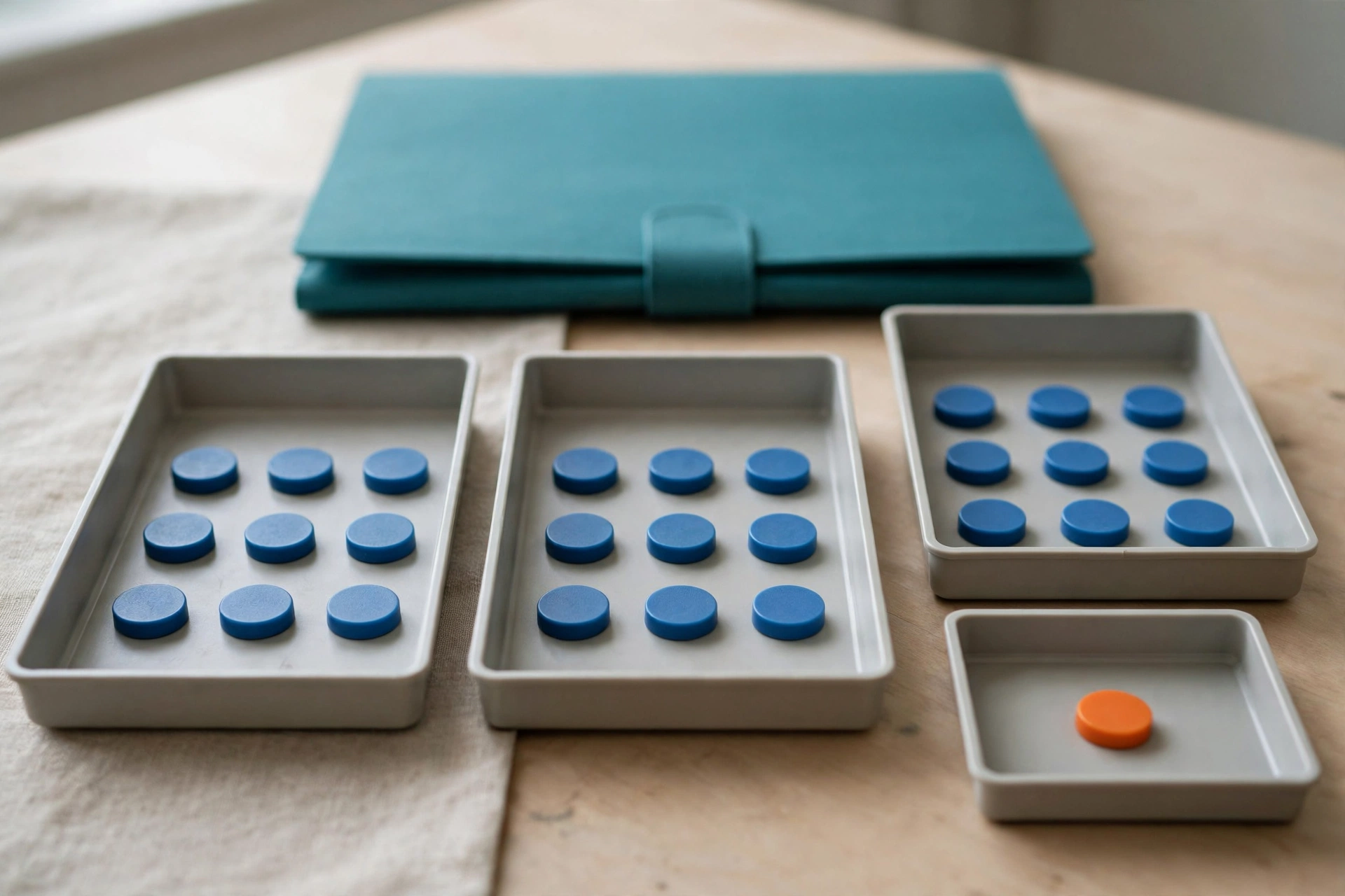 Blue tokens are distributed across three trays, with one orange token in a fourth smaller tray, and a teal folder behind.