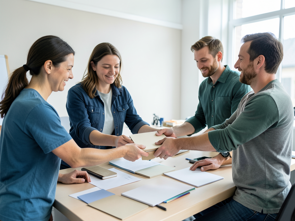 Four smiling colleagues collaborate around a table, exchanging documents and discussing business.