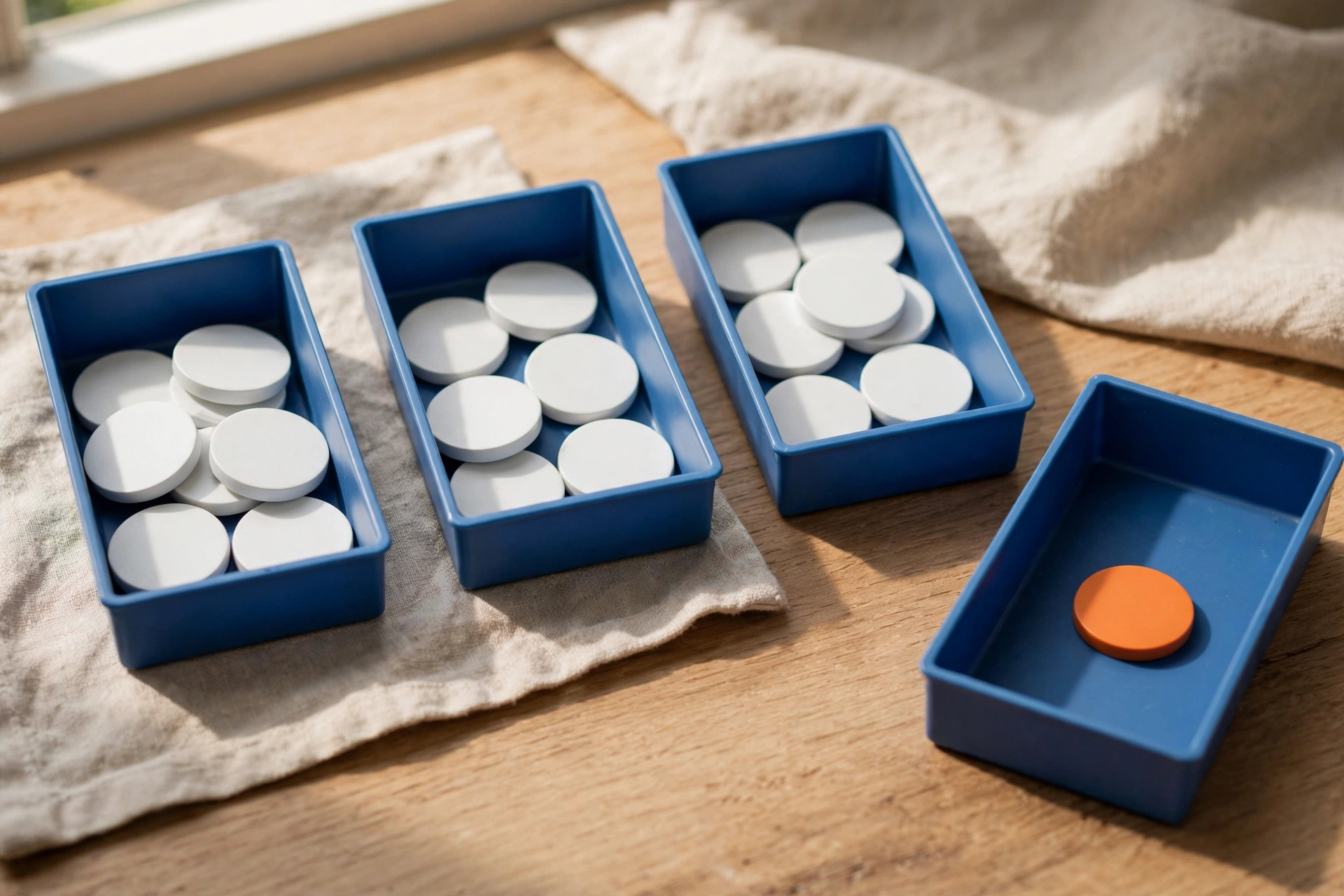 Three blue trays hold white tokens, and a fourth blue tray holds a single orange token on a wooden surface.