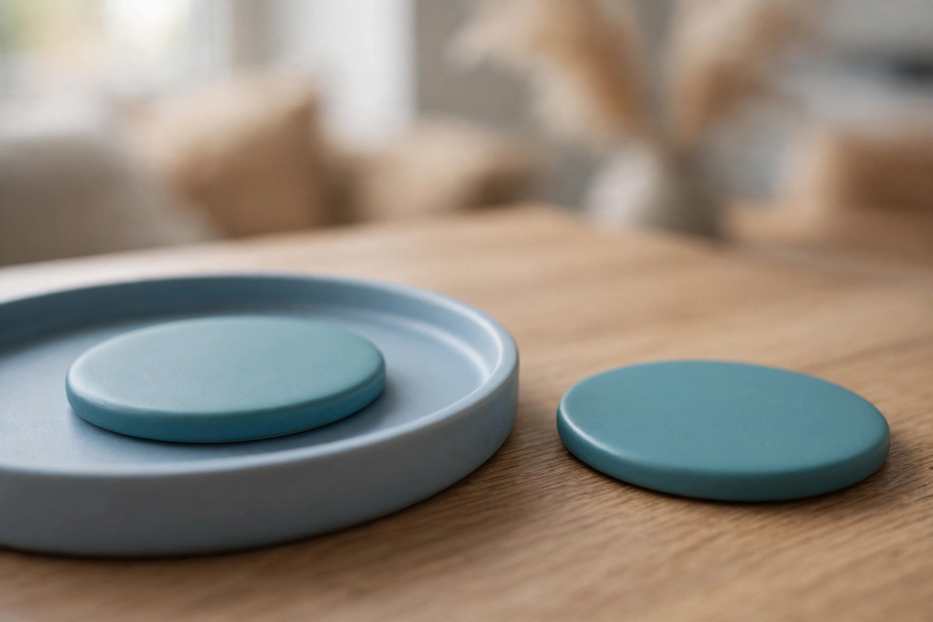 Two identical teal discs are shown on a wooden desk, with one disc inside a blue tray and the other disc placed separately outside the tray.