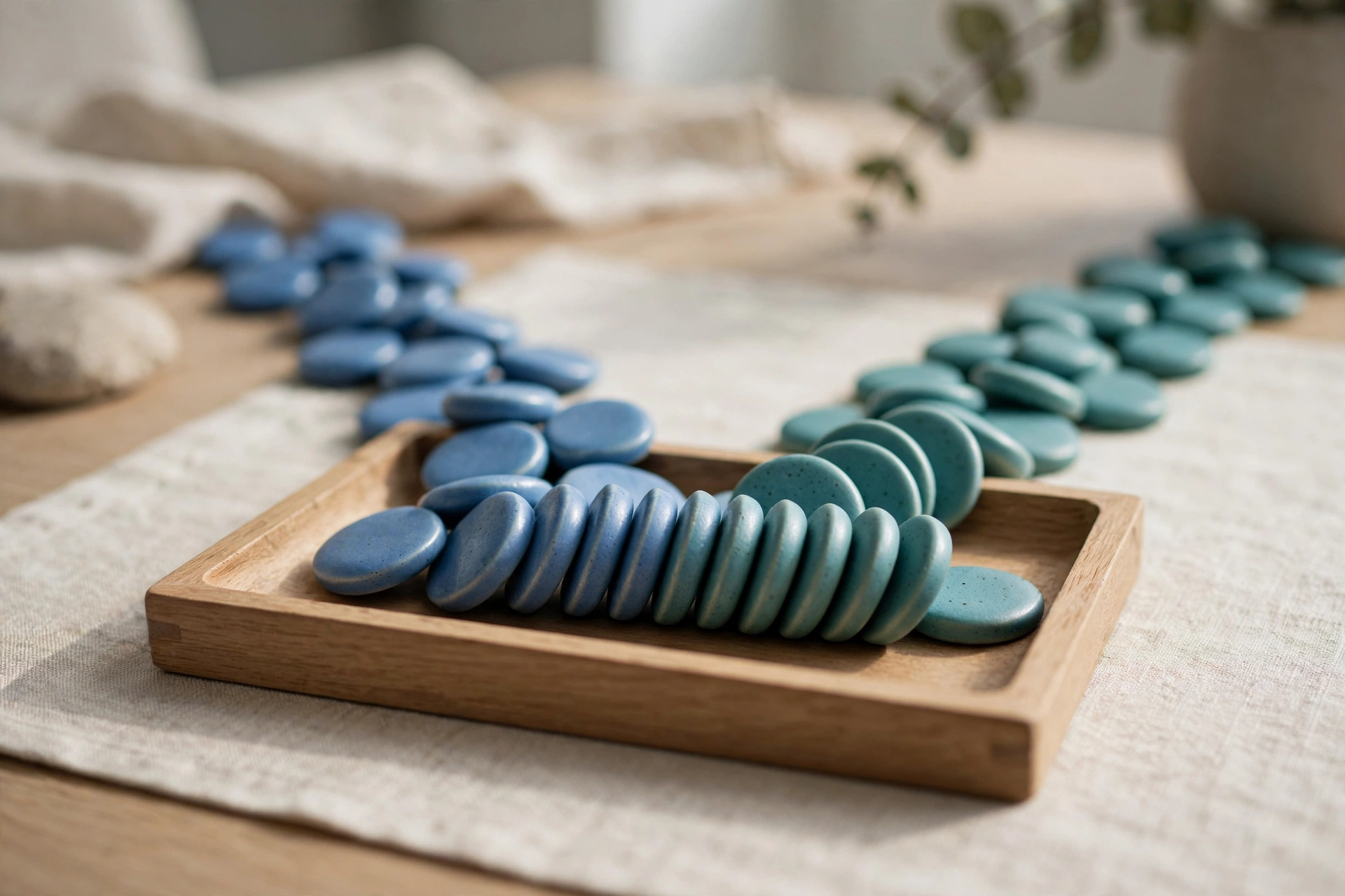 Two streams of blue and teal ceramic tokens converge into a single ordered row within a wooden sorting tray on a table.