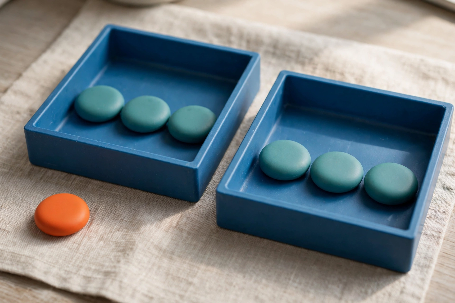 Two blue sorting trays sit on a textured cloth, each holding three teal tokens, with an orange token placed beside the left tray.