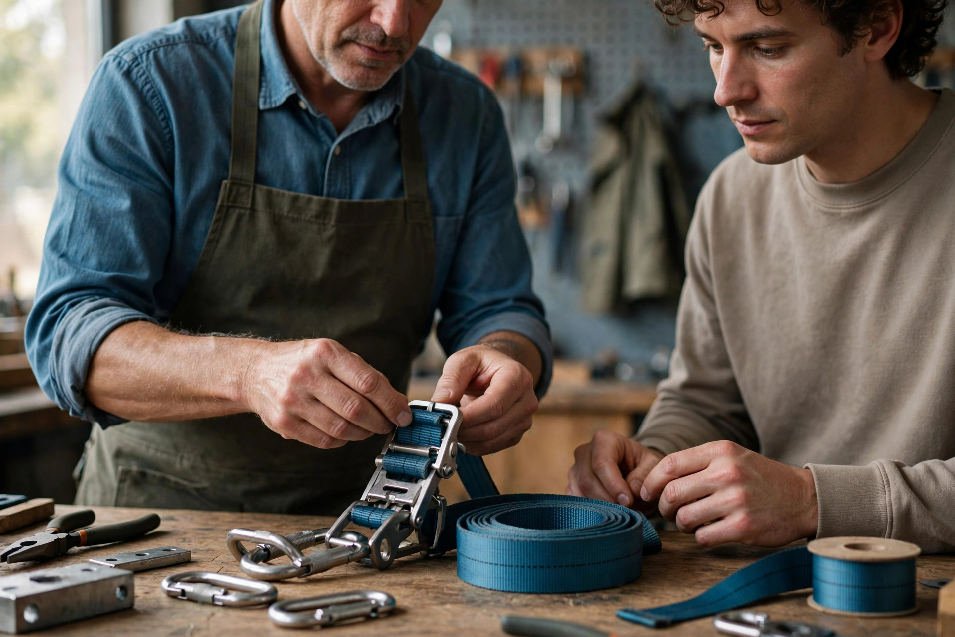 An experienced man demonstrates a new physical sequence to a colleague at a workbench.