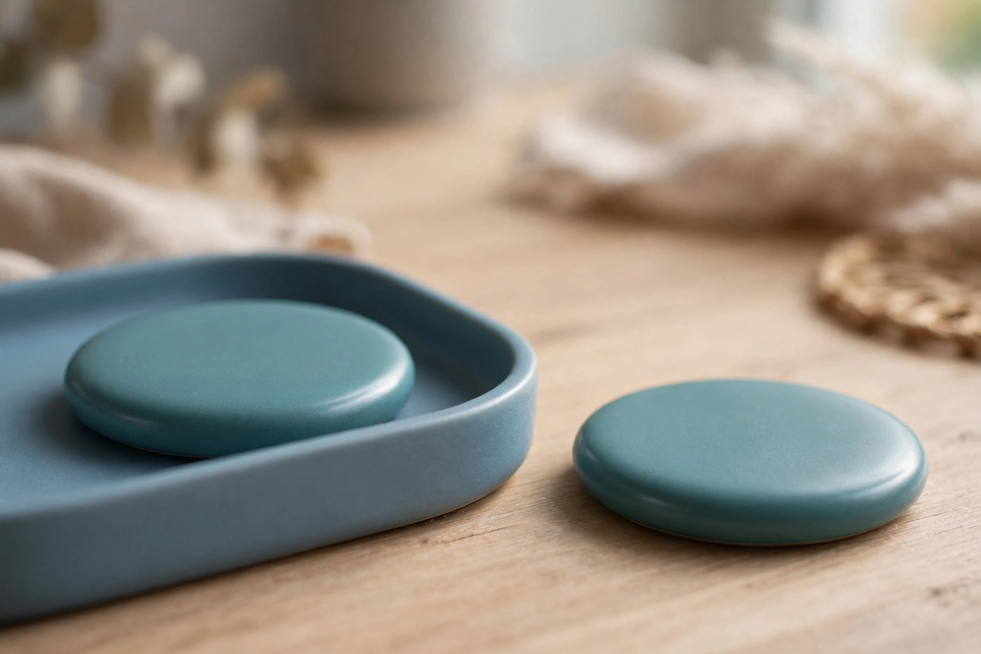 Two identical teal discs are shown, with one disc placed inside a blue tray and the other disc placed separately outside the tray on a wooden surface.