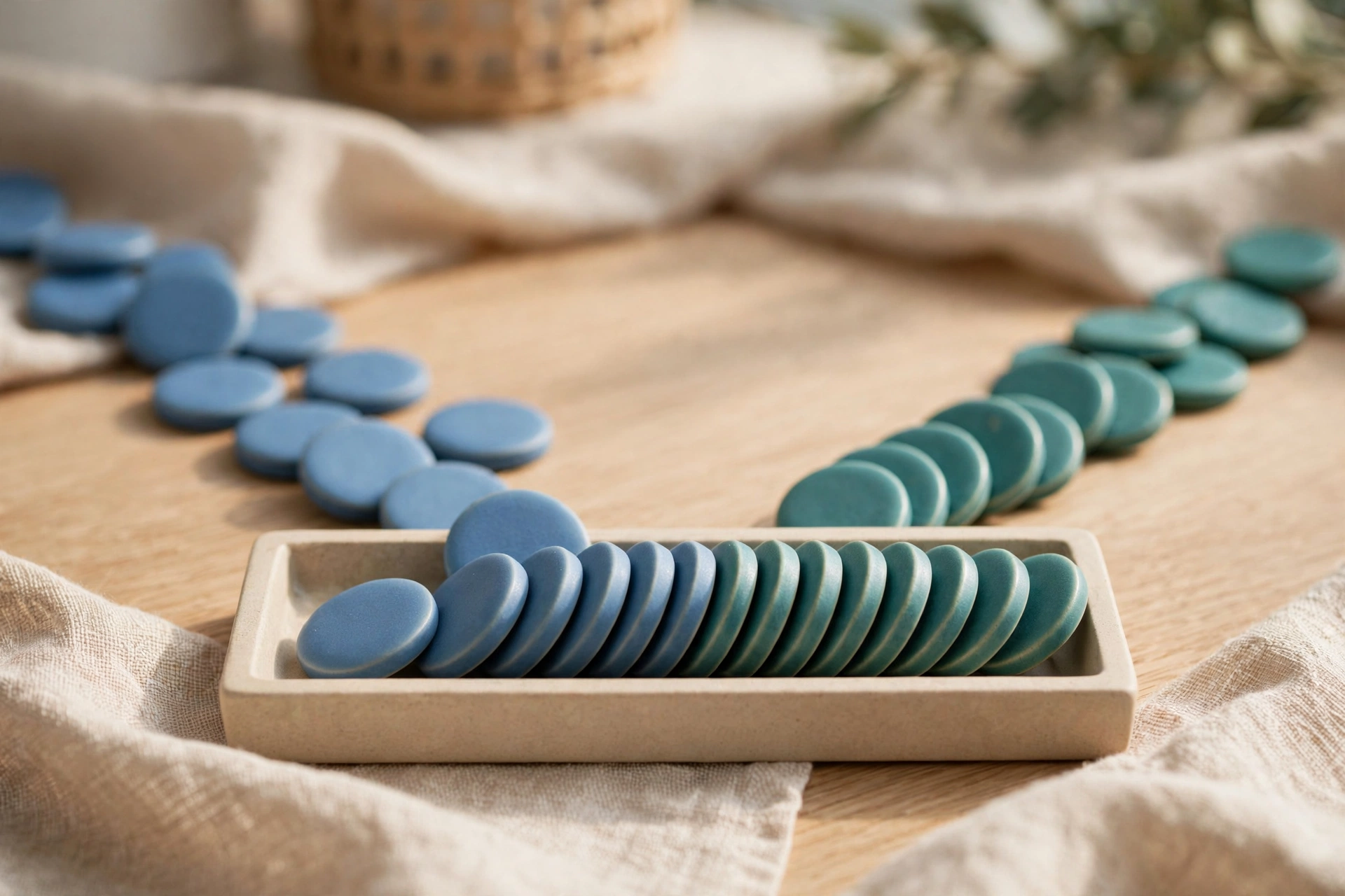 Two streams of blue and teal ceramic tokens converge into a single ordered row within a shallow sorting tray on a wooden surface.