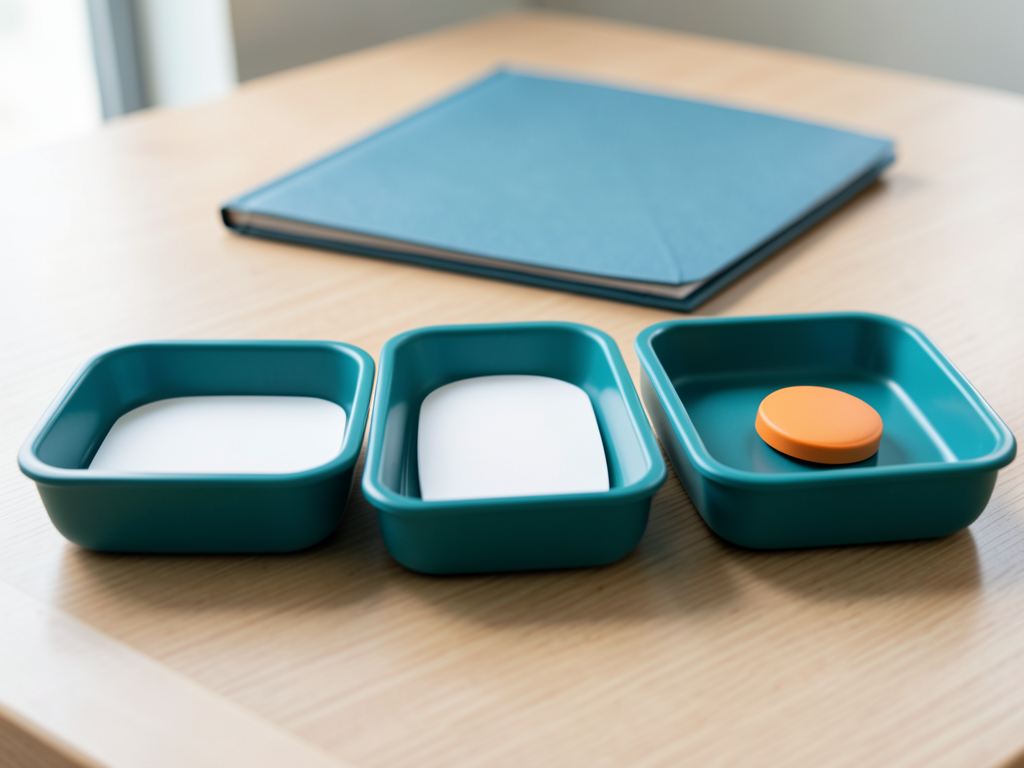 Three teal sorting trays with white tokens and one orange token in an exception tray sit on a desk with a closed folder behind them.