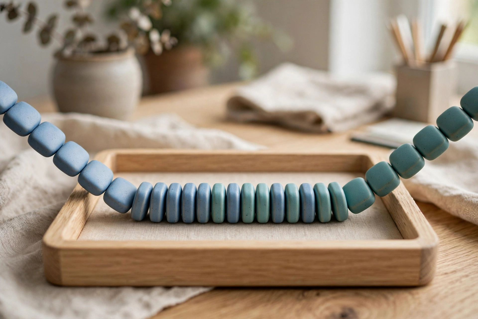 Two strands of blue and teal square beads merge into a single ordered row within a wooden tray on a desk.