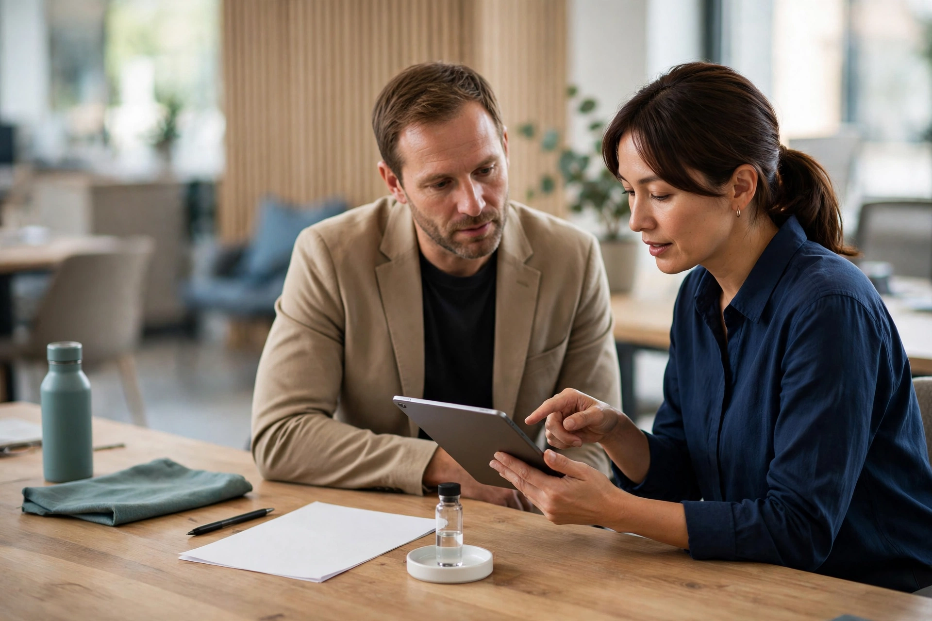 A man and a woman sit at a wooden table, reviewing a tablet and paper during a client workshop.