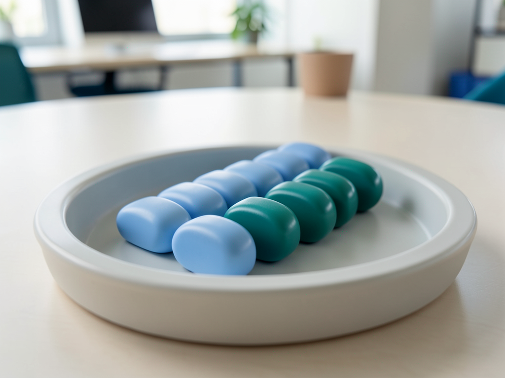 Two streams of blue and teal ceramic tokens converge into one neat ordered row inside a shallow sorting tray on a desk.