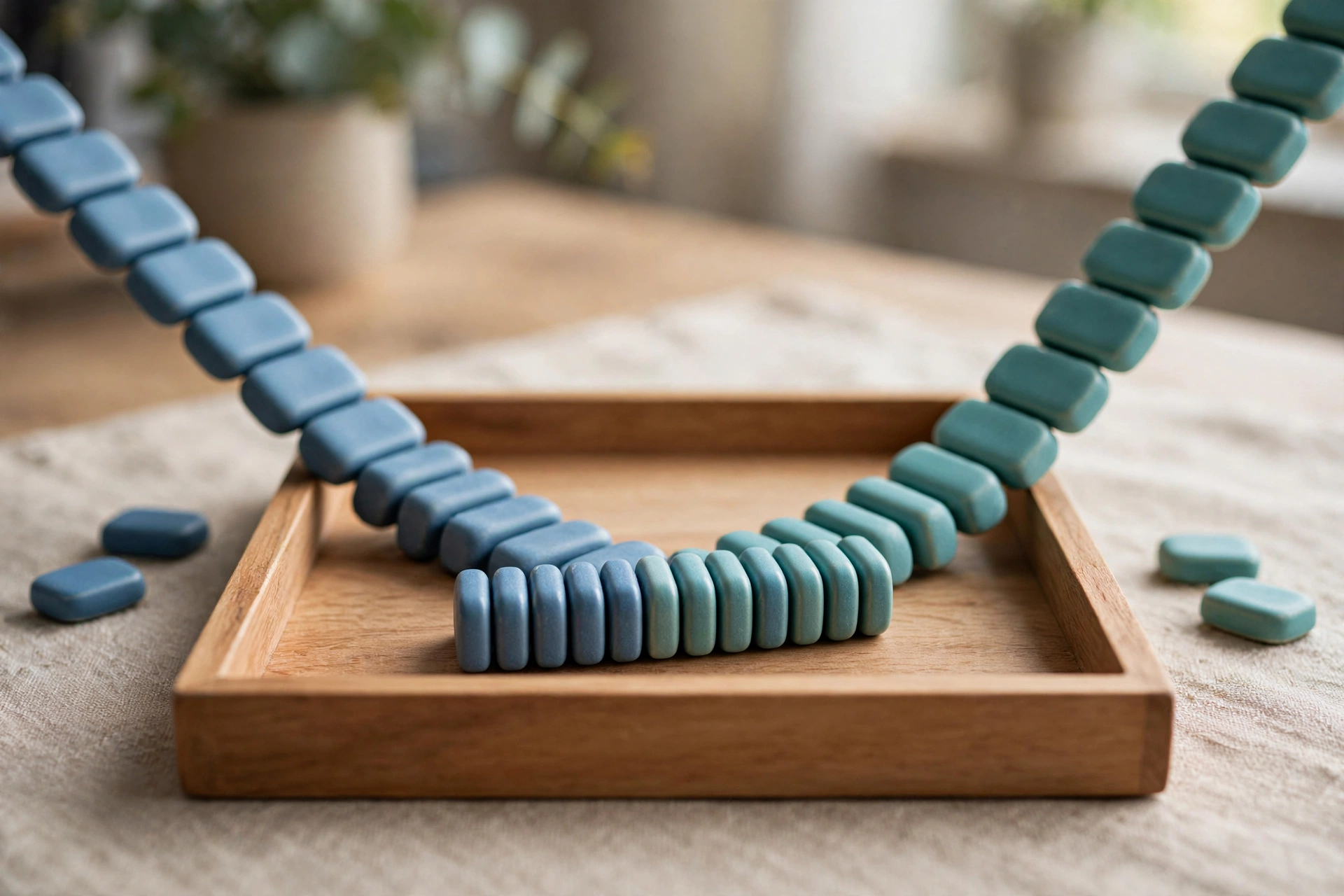 Two streams of blue and teal ceramic tokens converge into a single ordered row within a wooden sorting tray on a table.