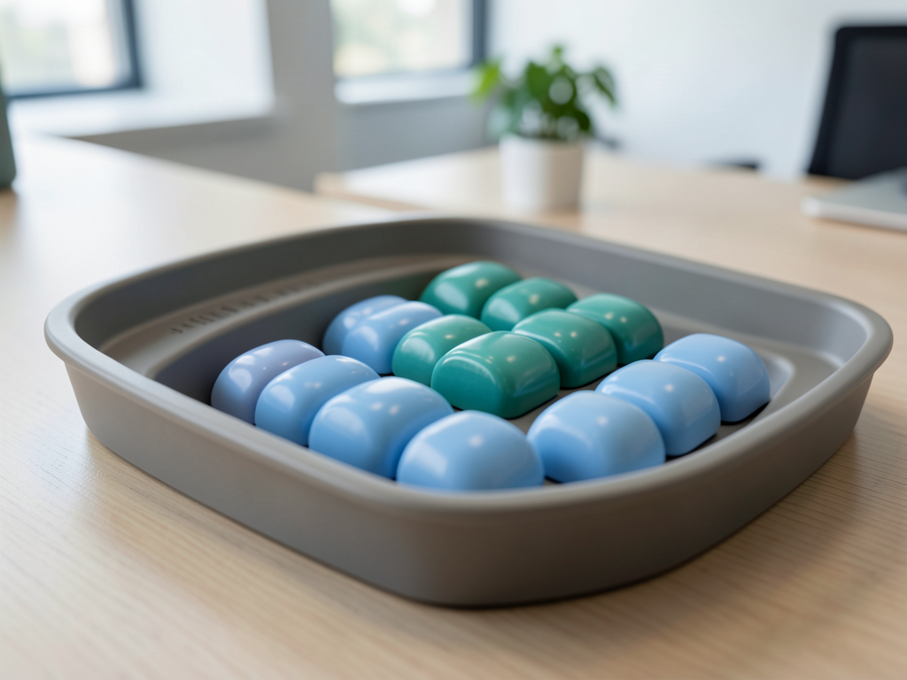Two rows of blue and teal tokens are arranged in a gray tray on a wooden desk, representing the consolidation of client and opportunity records.