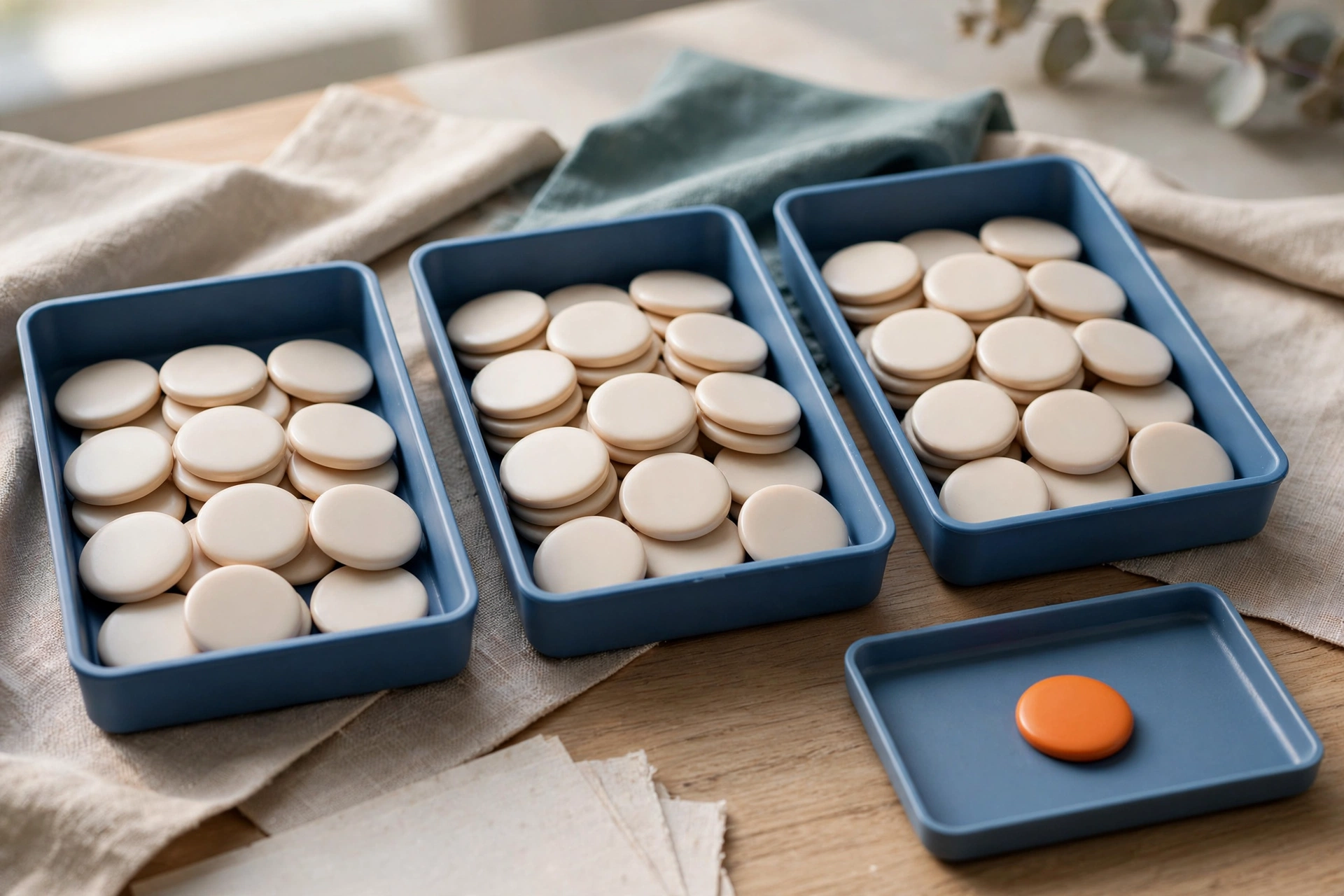 Three blue sorting trays filled with blank tokens are arranged on a wooden surface, with a fourth blue tray containing a single orange token.