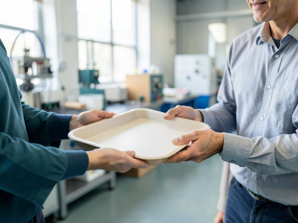 A plant operations colleague hands a plain sample tray to a customer-facing teammate in a bright manufacturing workshop.