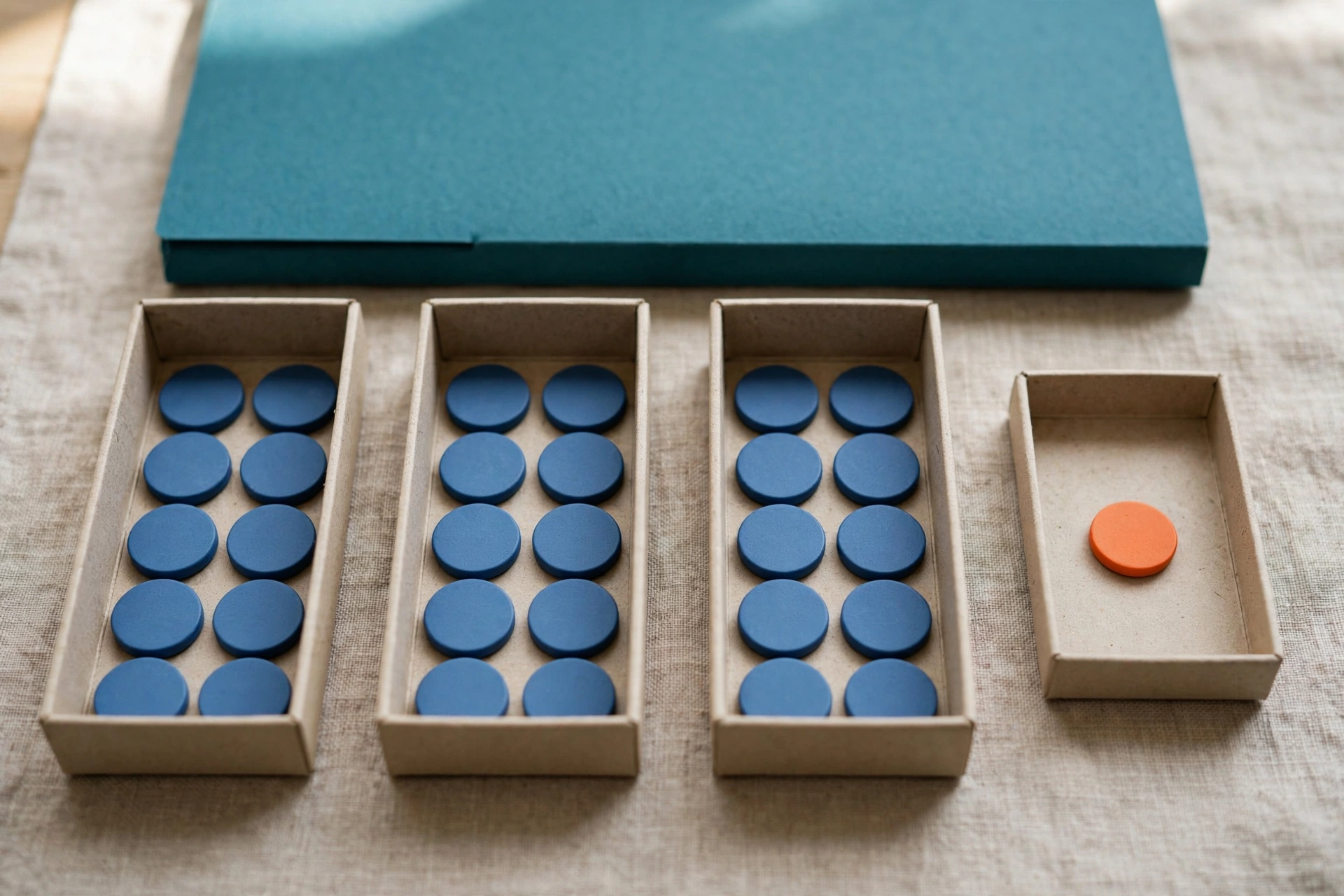 Three cardboard trays hold blue tokens, and a fourth tray holds a single orange token, with a teal folder behind.