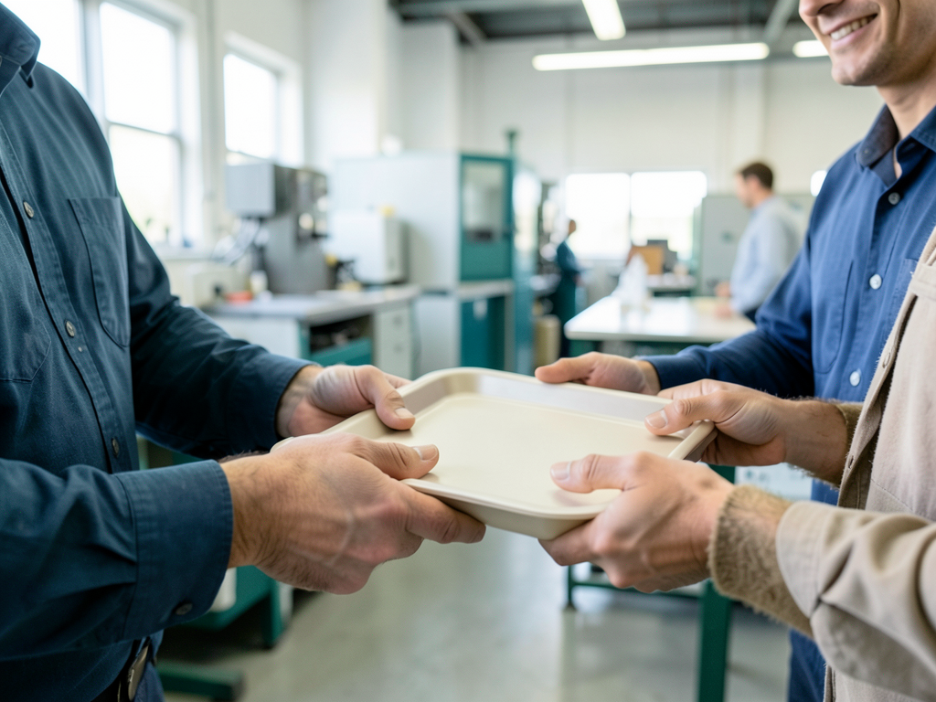 A plant operations colleague hands a sample tray to a customer-facing teammate in a bright manufacturing workshop.