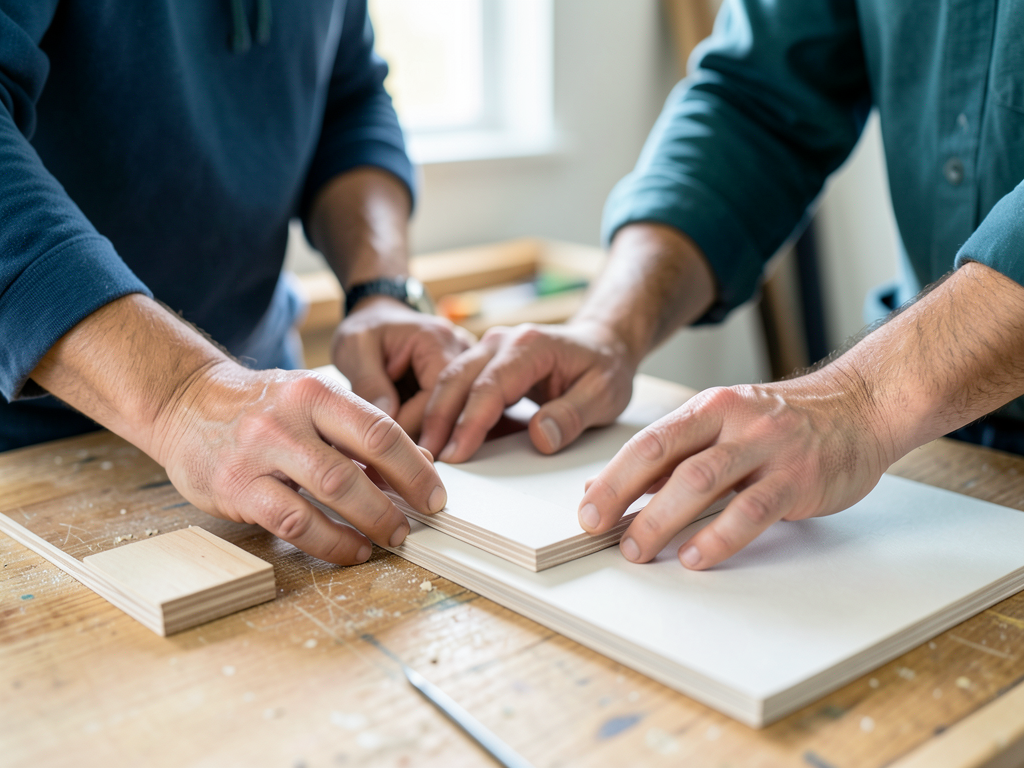 Two colleagues align plain modular parts into a controlled sequence at a practical workbench.