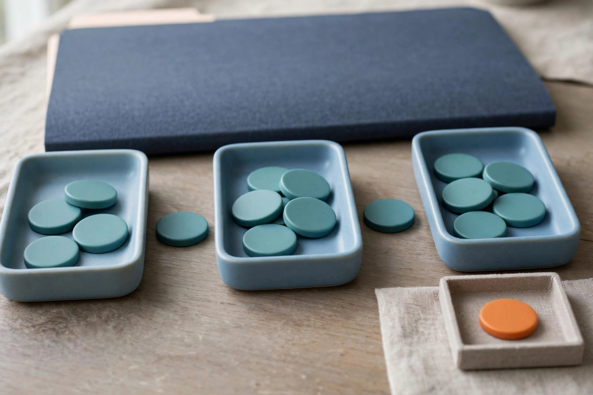 Three blue trays hold teal tokens in a line, with a separate small tray holding one orange token, and a closed blue folder behind.