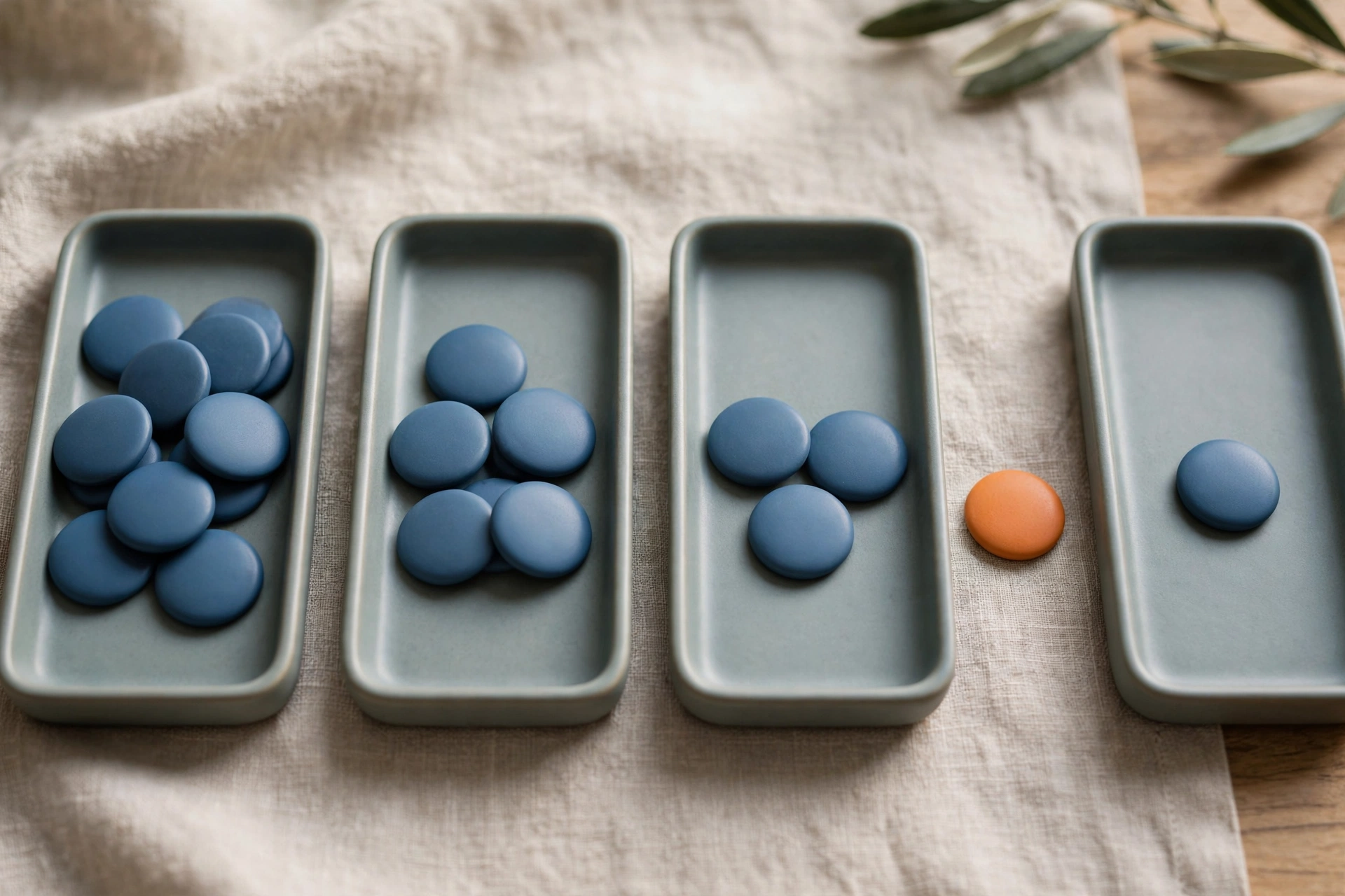Four shallow trays with blue tokens and one orange token arranged to show decreasing opportunity progression.