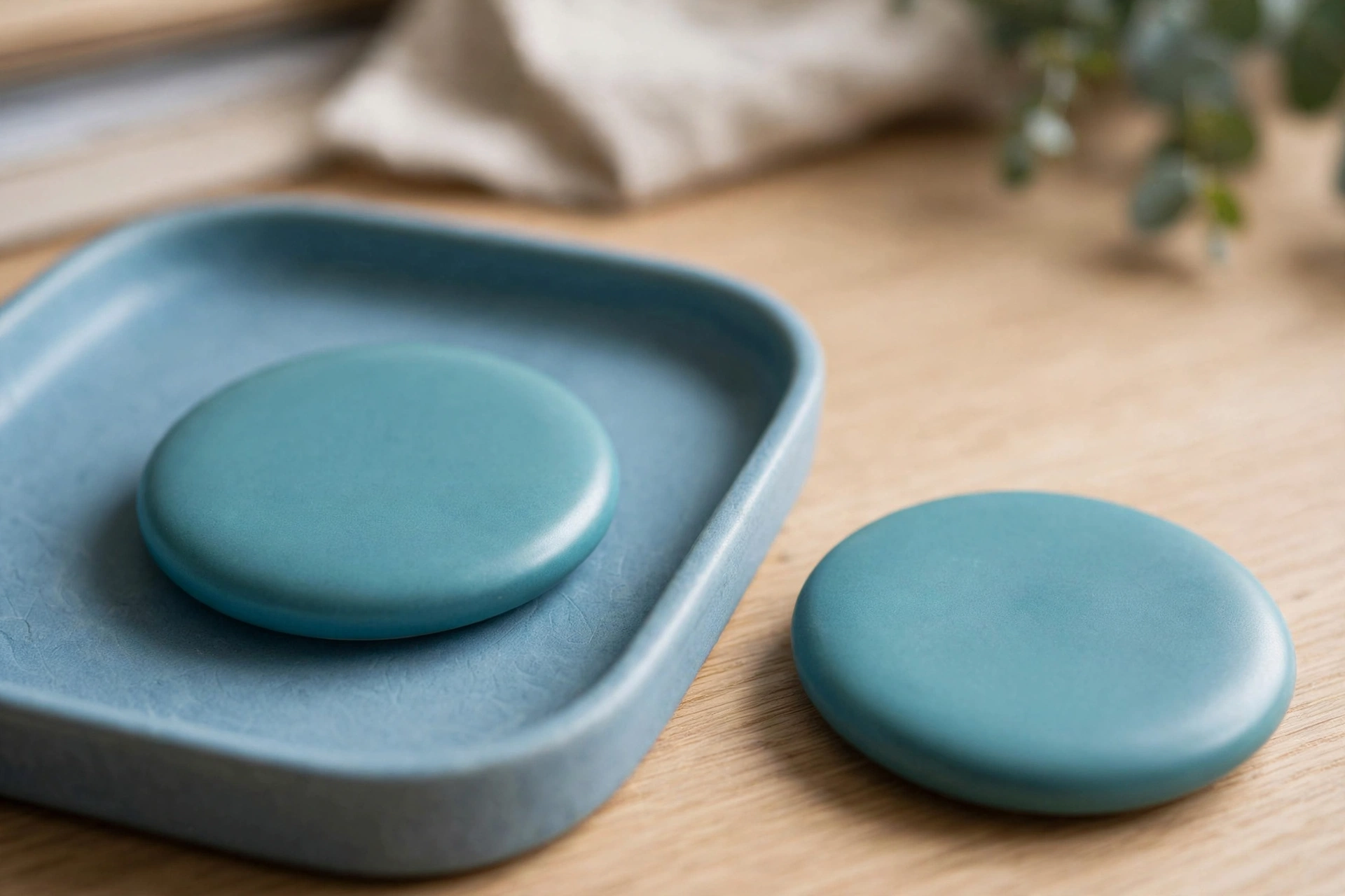 Two identical teal discs are shown, one in a blue tray and the other separated on a wooden desk.