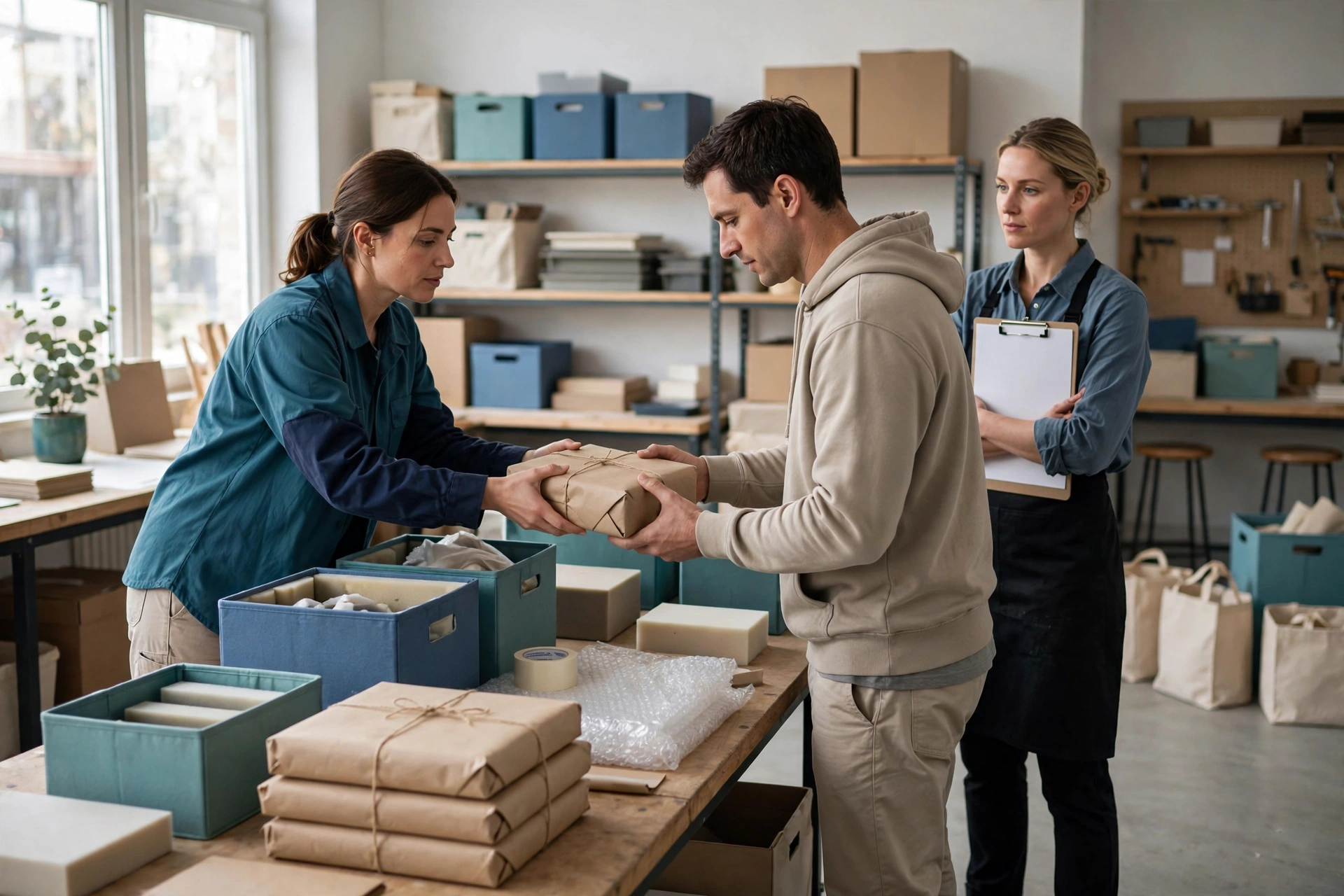 A woman hands a package to a man while another woman holds a clipboard in a studio with shelves of boxes.
