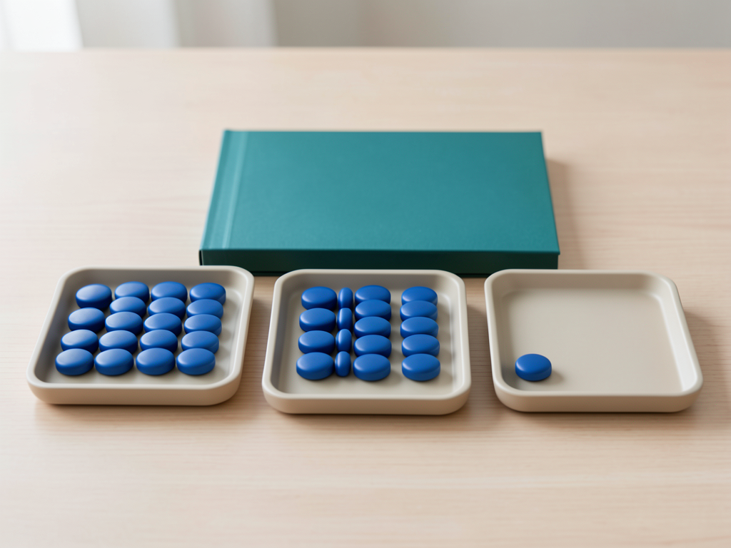 Three shallow trays with blue tokens are arranged left to right on a wooden surface, with a teal folder behind them.