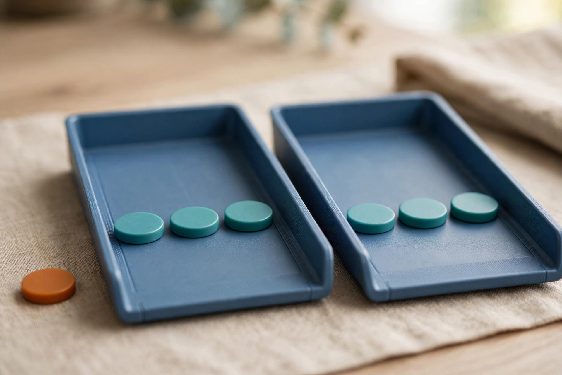 Two blue sorting trays hold teal tokens, with an orange token placed outside the left tray on a textured surface.