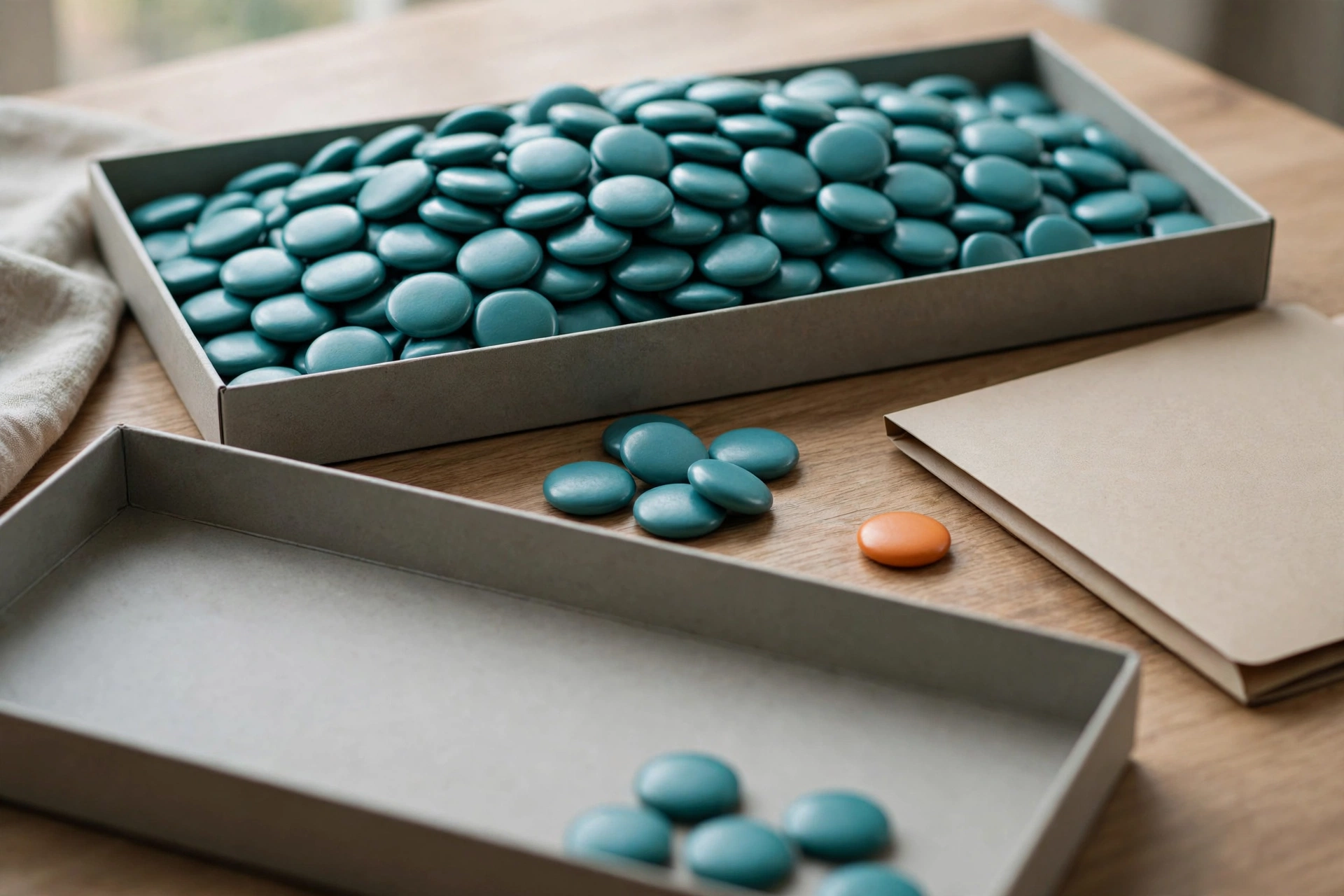 Teal tokens fill one tray while another is partly empty, with a few tokens and an orange token near a folder on a wooden desk.