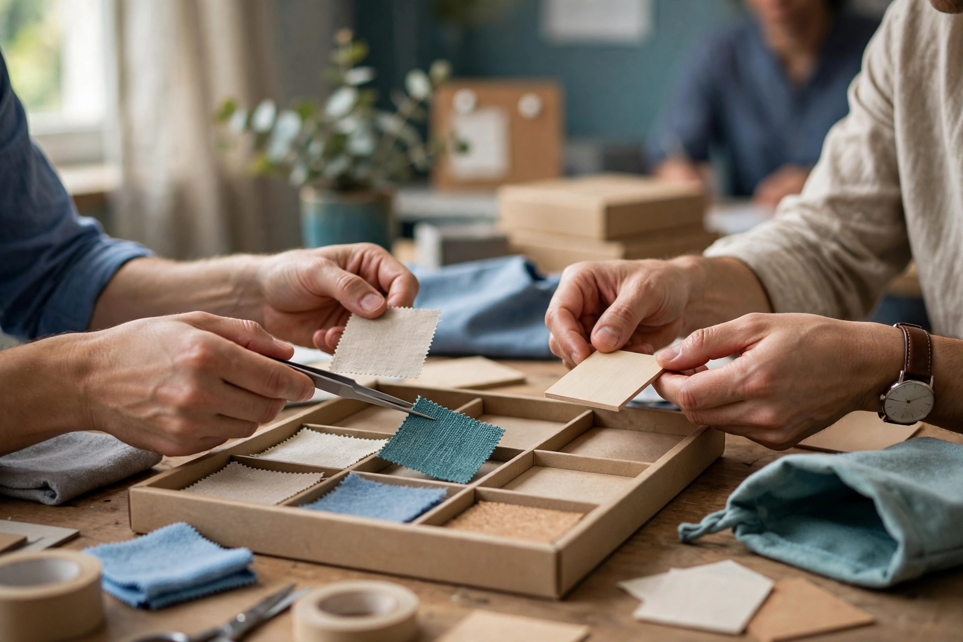 Three people's hands are visible as they arrange material samples in a wooden tray on a table.