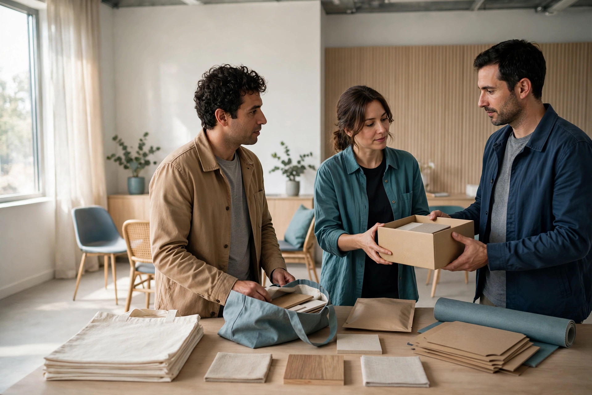 Three professionals stand around a table in a bright project room, coordinating a customer handoff with sample materials.