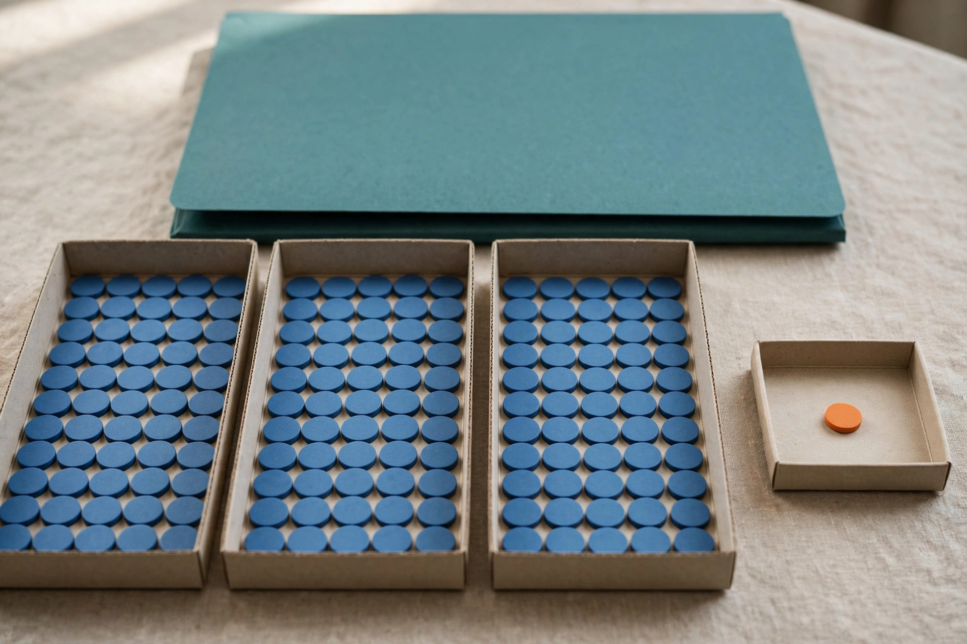 Blue tokens are distributed in three trays, with one orange token isolated in a fourth tray, and a teal folder behind them.