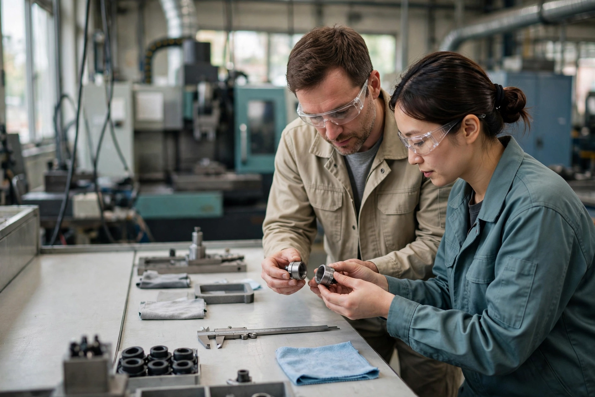 A man and a woman wearing safety glasses compare two metal parts at a workbench in a manufacturing facility.