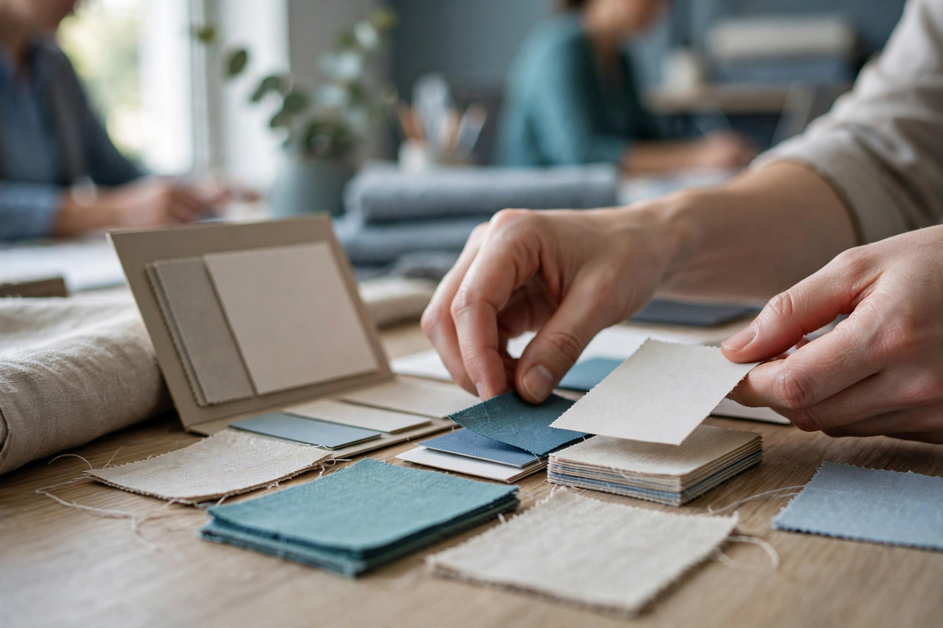 A person's hands are shown selecting fabric swatches from a stack on a wooden table in a softly lit room.