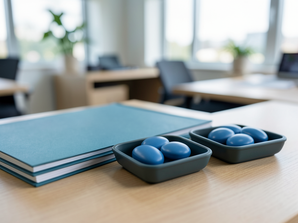 A stack of blue project folders sits next to two trays of blue tokens on a wooden desk in a blurred office setting.