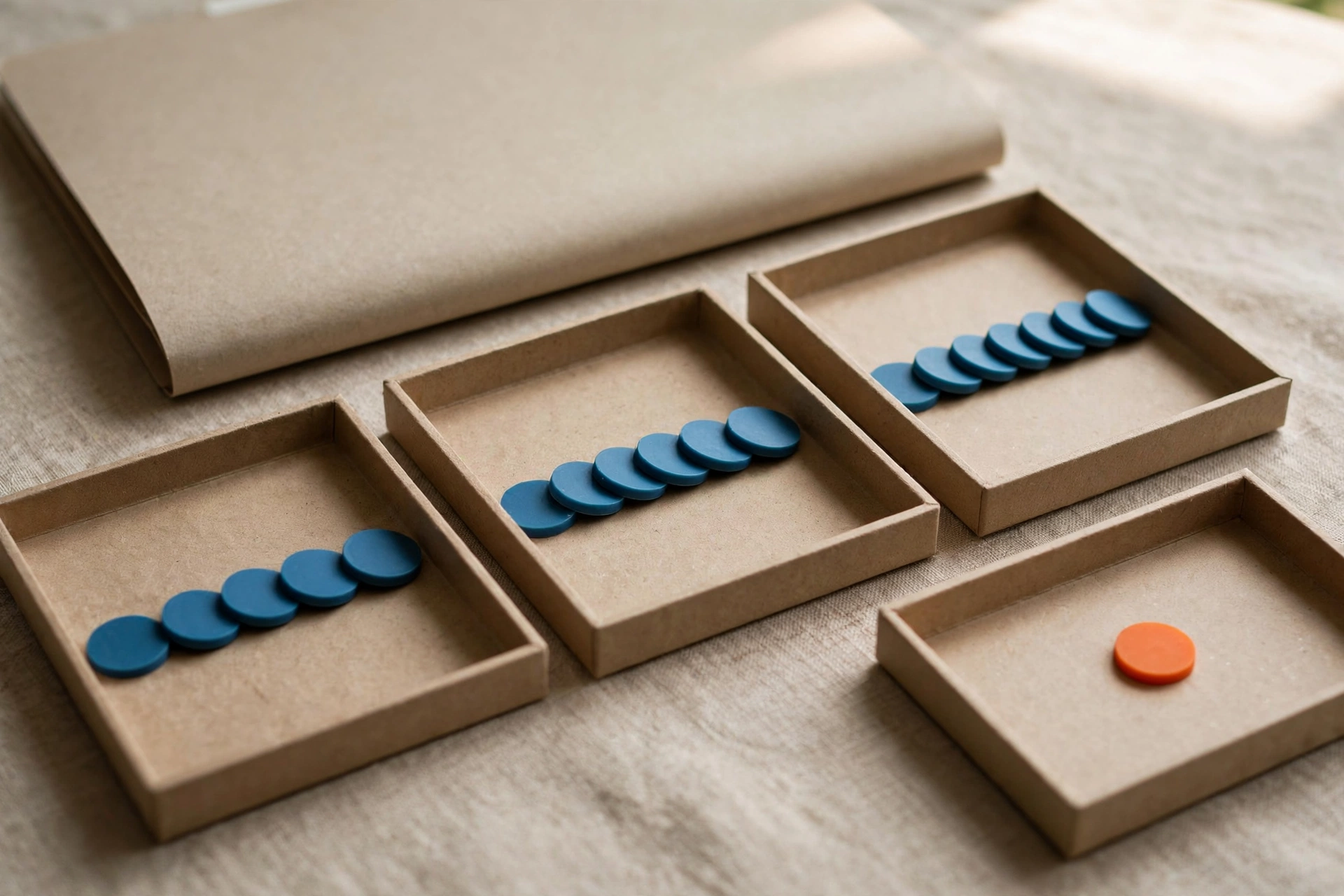 Four shallow office trays with blue tokens arranged in sequence, and a fifth tray with a single orange token, with a closed folder behind.