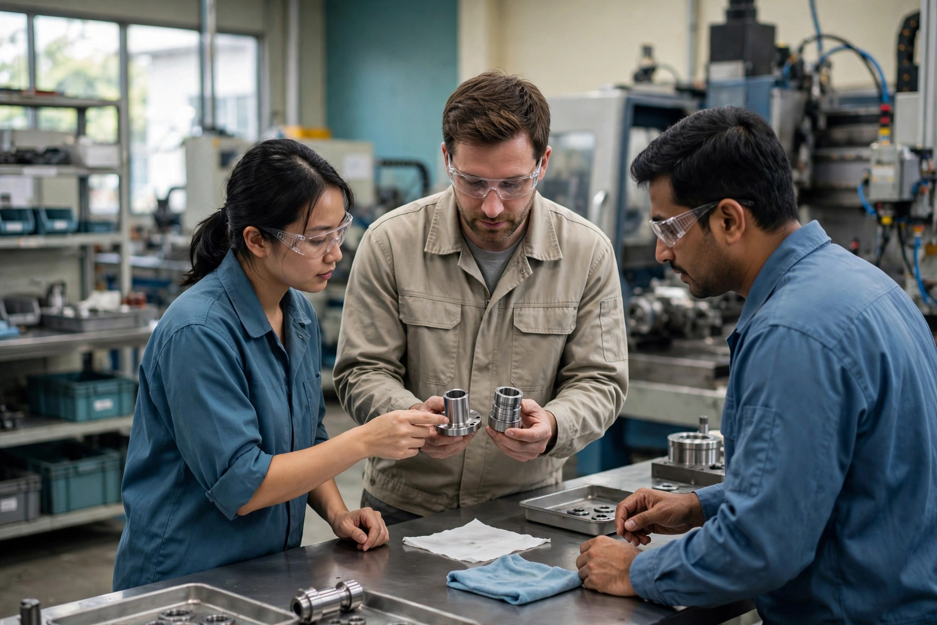 Three manufacturing professionals wearing safety glasses compare metal parts at a clean assembly station with machinery in the background.