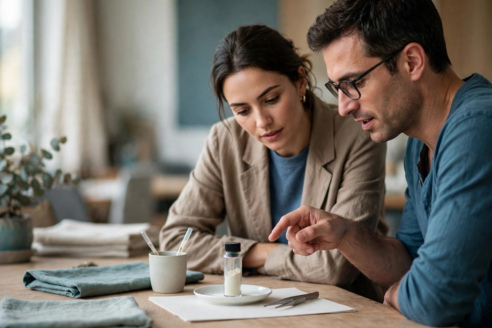 A man with glasses points at a small vial of powder on a plate while a woman looks on intently.