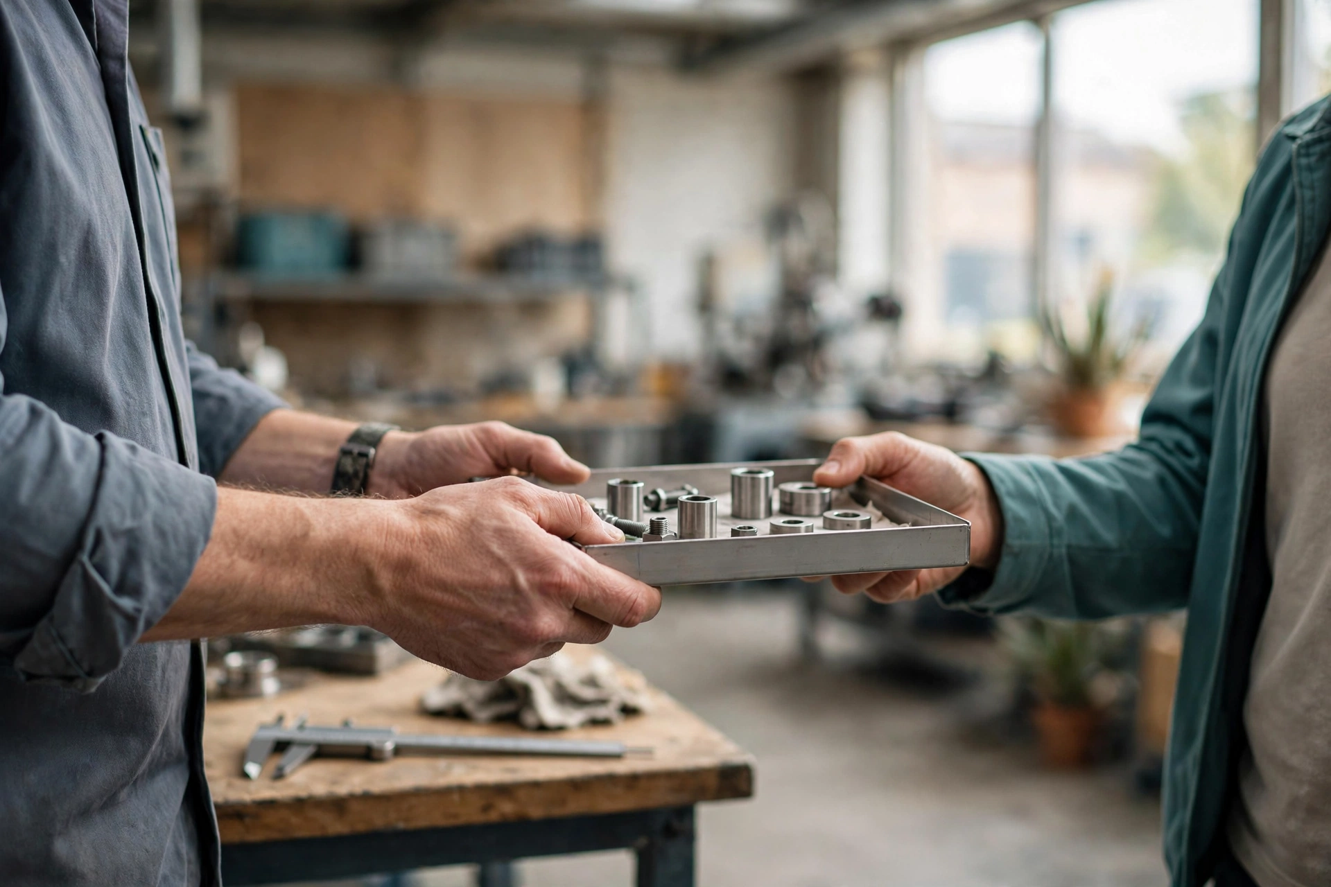 A plant operations colleague hands a sample tray of metal parts to a customer-facing teammate in a bright manufacturing workshop.