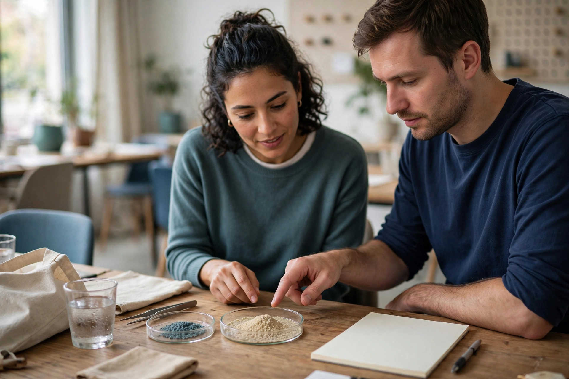 A man and a woman sit at a table, looking at samples in petri dishes and discussing.
