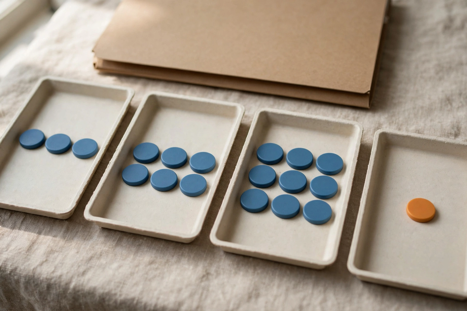Four shallow trays display blue tokens progressing through stages, with one orange token isolated in the final tray.